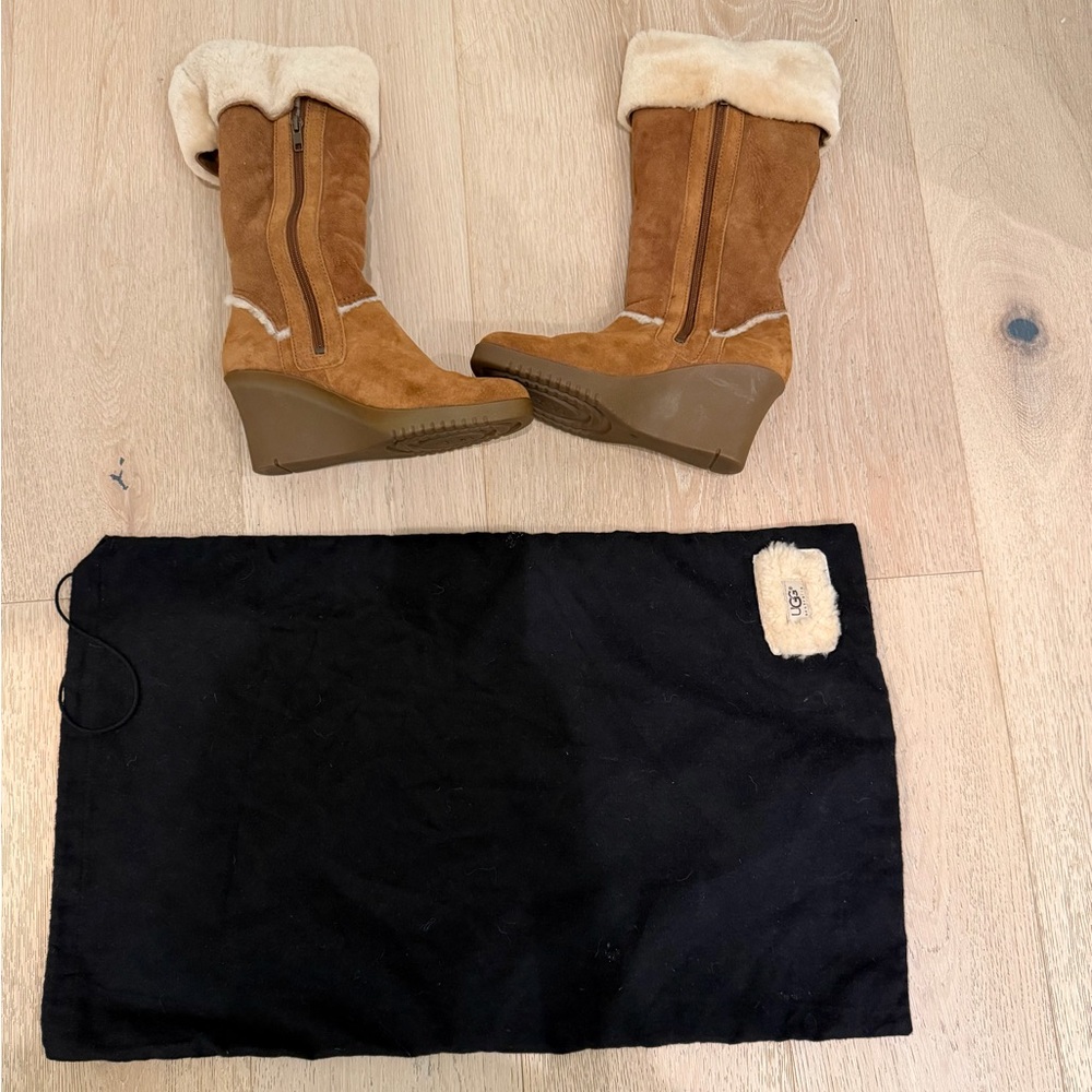 Women's Tan Suede Wedge Shearling Boots - Picture 5 of 5